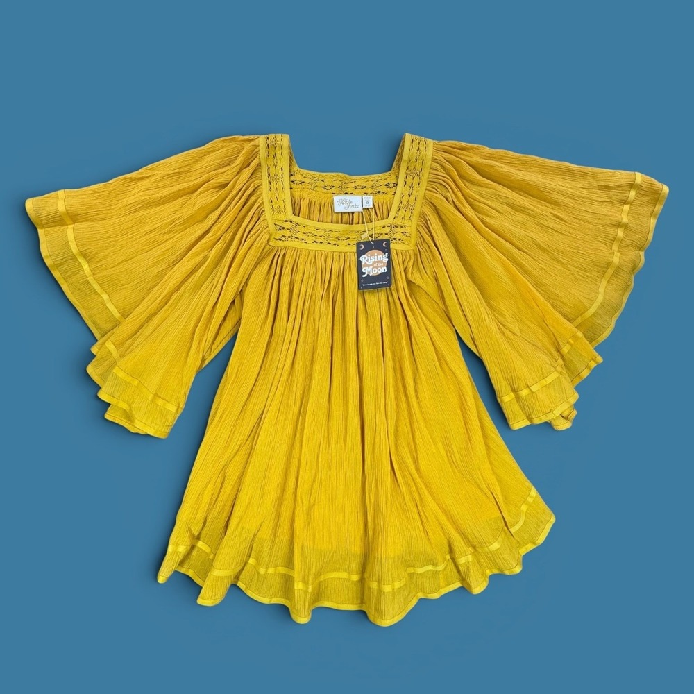 The Hippie Shake Yellow Organic Cotton Lace Bell Sleeve Mini Dress Tunic 14-16